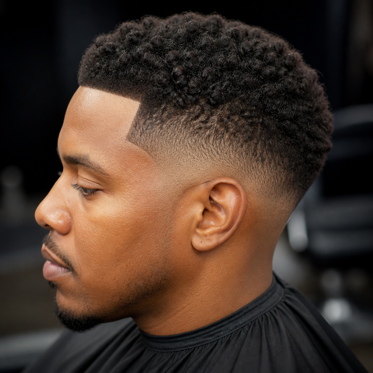 Fresh mid skin fade with natural curls finished at Fade & Co.