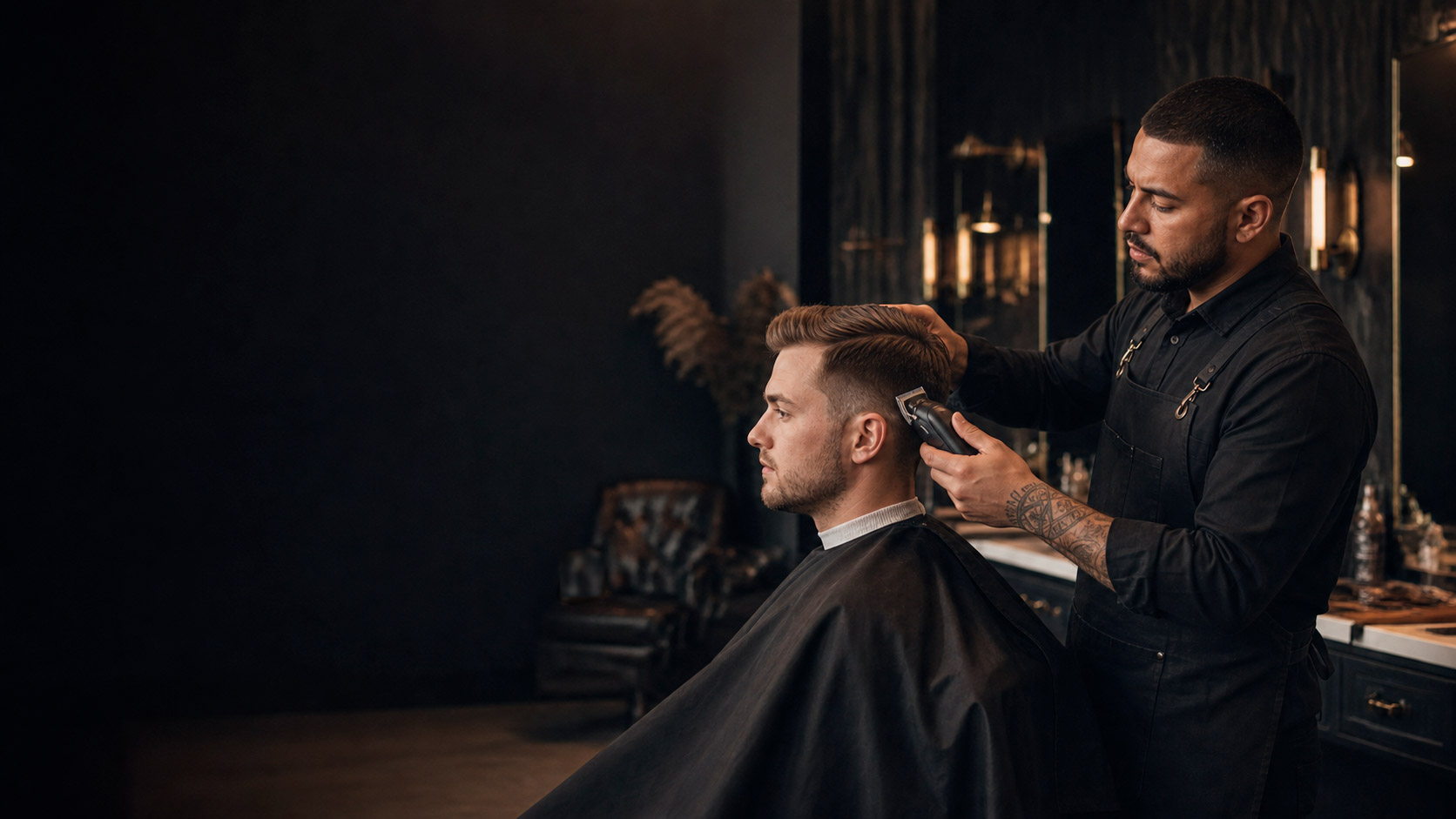 Barber giving a precision fade in a modern barbershop